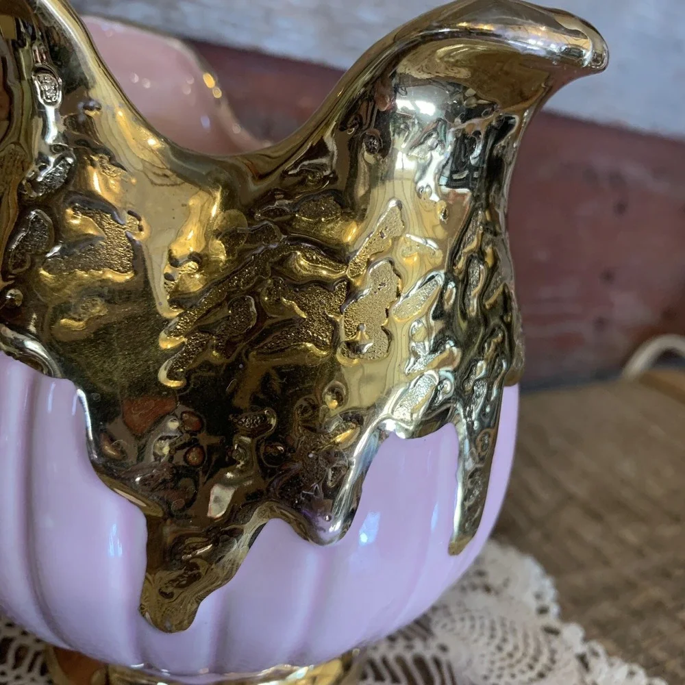 Hollywood Regency Vase MCM Dripping 22K Gold Pink Made in USA stamped  READ - Picture 4 of 12